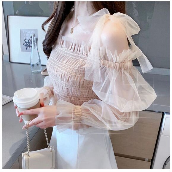 Beulah tulle organza ruffle blouse featuring a sheer, off-the-shoulder whimsical - Picture 5 of 15